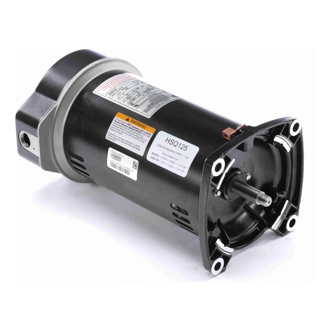 black cylindrical pool pump motor with square mounting flange and central shaft extending from one end
