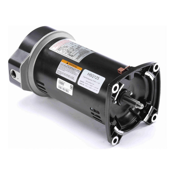 black cylindrical pool pump motor with square mounting flange and central shaft extending from one end