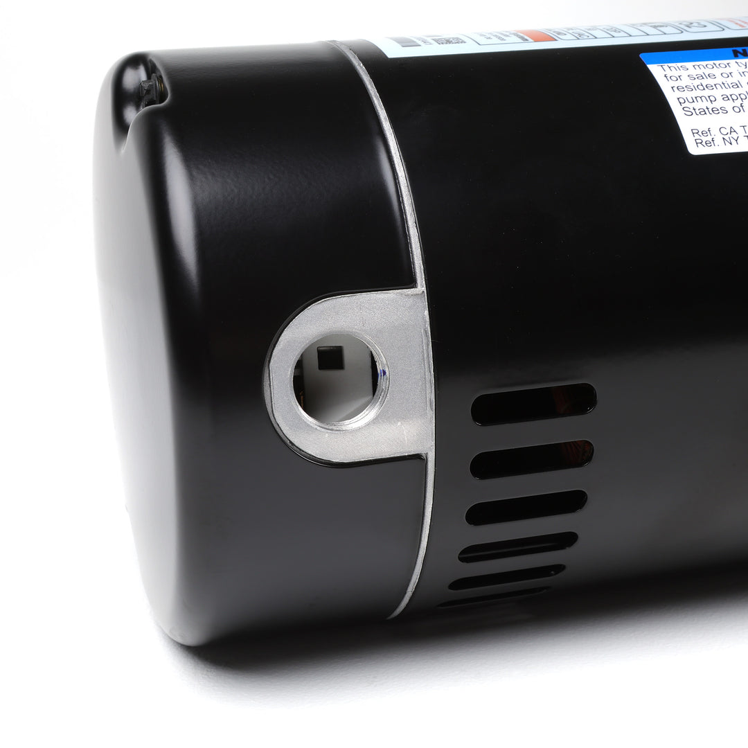 close-up of black century pool pump motor end showing threaded shaft opening and ventilated casing detail
