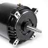 black Century pool pump motor with a threaded silver shaft and four metal mounting tabs on the front face