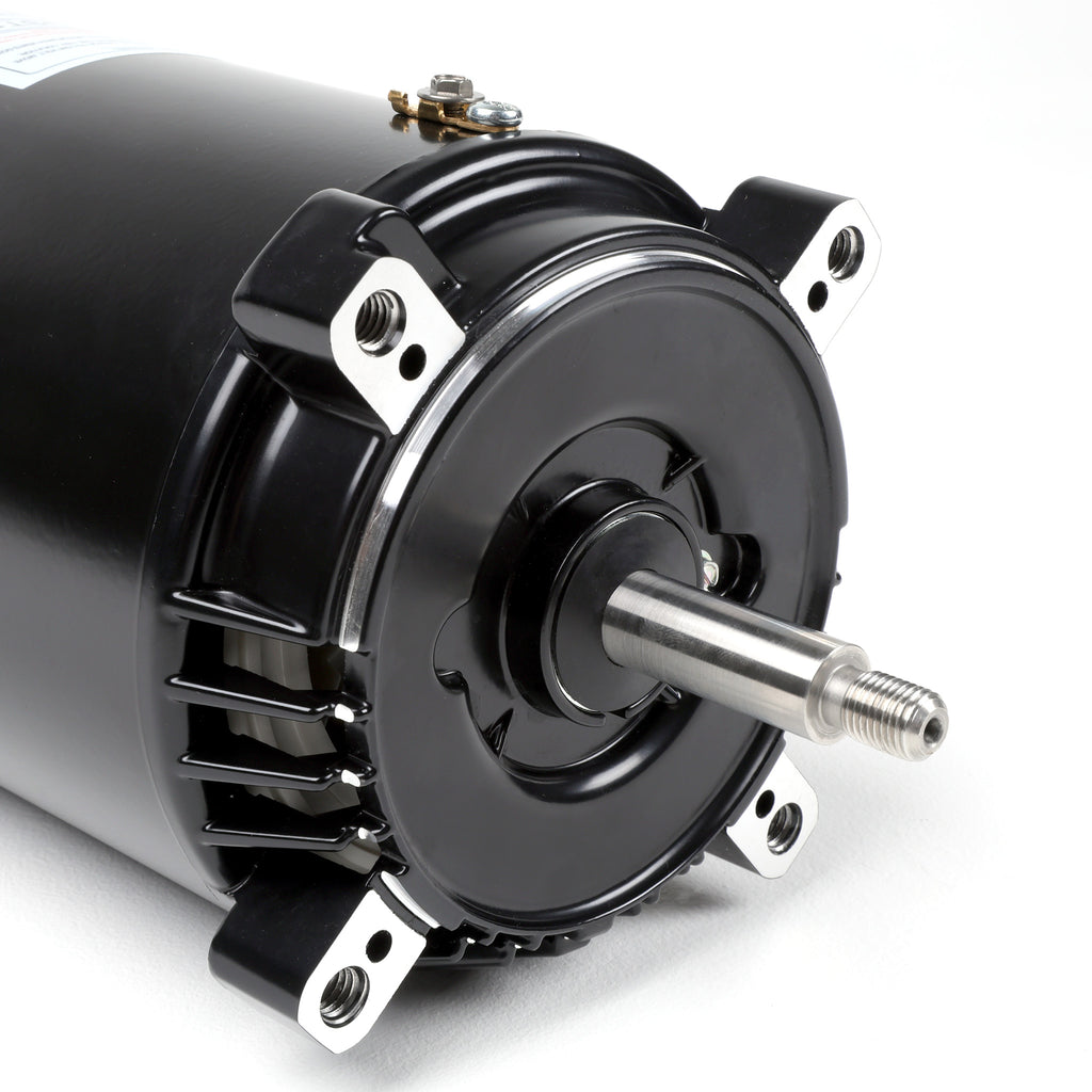 black Century pool pump motor with a threaded silver shaft and four metal mounting tabs on the front face