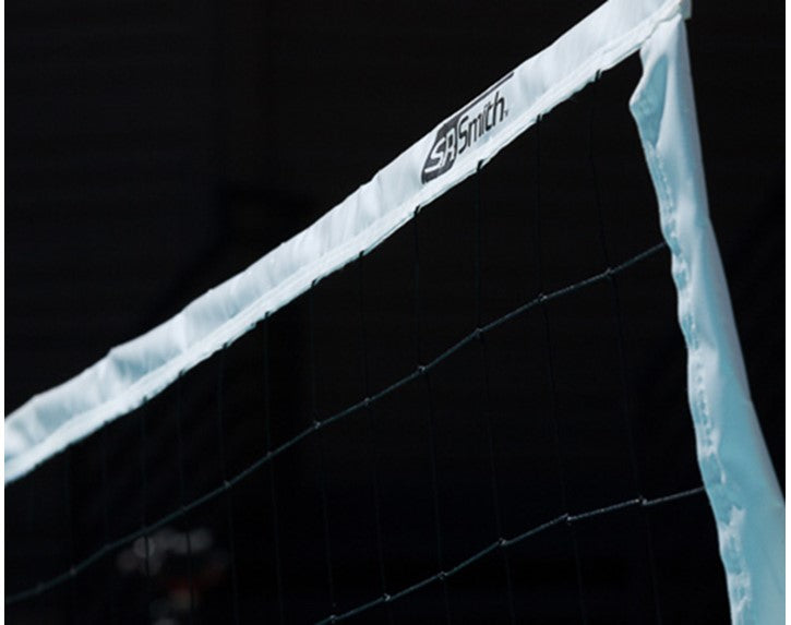 s.r. smith volleyball replacement net with black mesh and white border featuring the s.r. smith logo on the top band