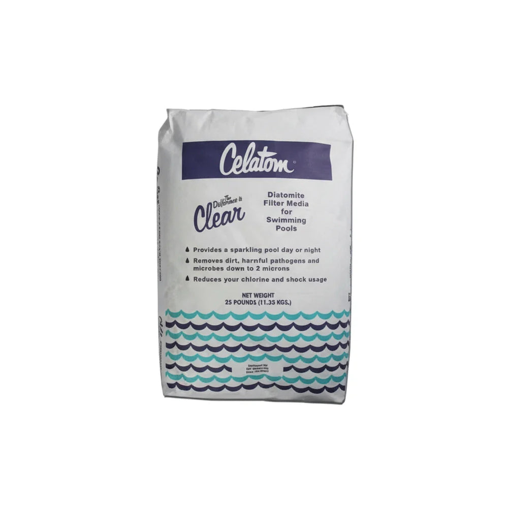 White bag of Celatom diatomaceous earth filter media with blue and turquoise wave designs and text detailing pool filtration benefits