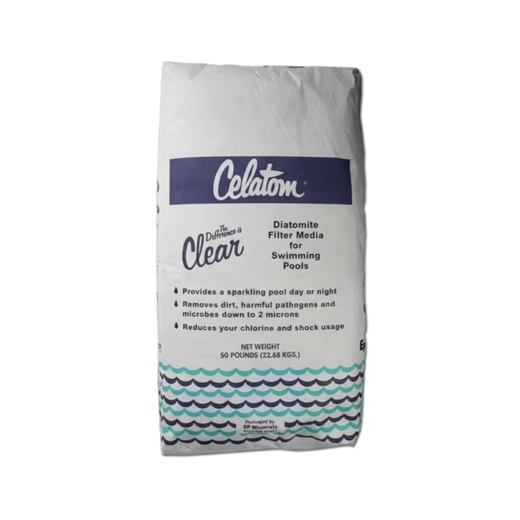 White 50-pound bag of Celatom diatomaceous earth filter media with blue and black text and wave graphics at the bottom