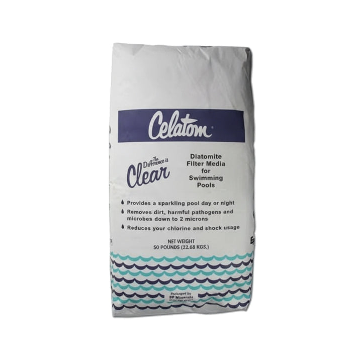 White 50-pound bag of Celatom diatomaceous earth filter media with blue and black text and wave graphics at the bottom