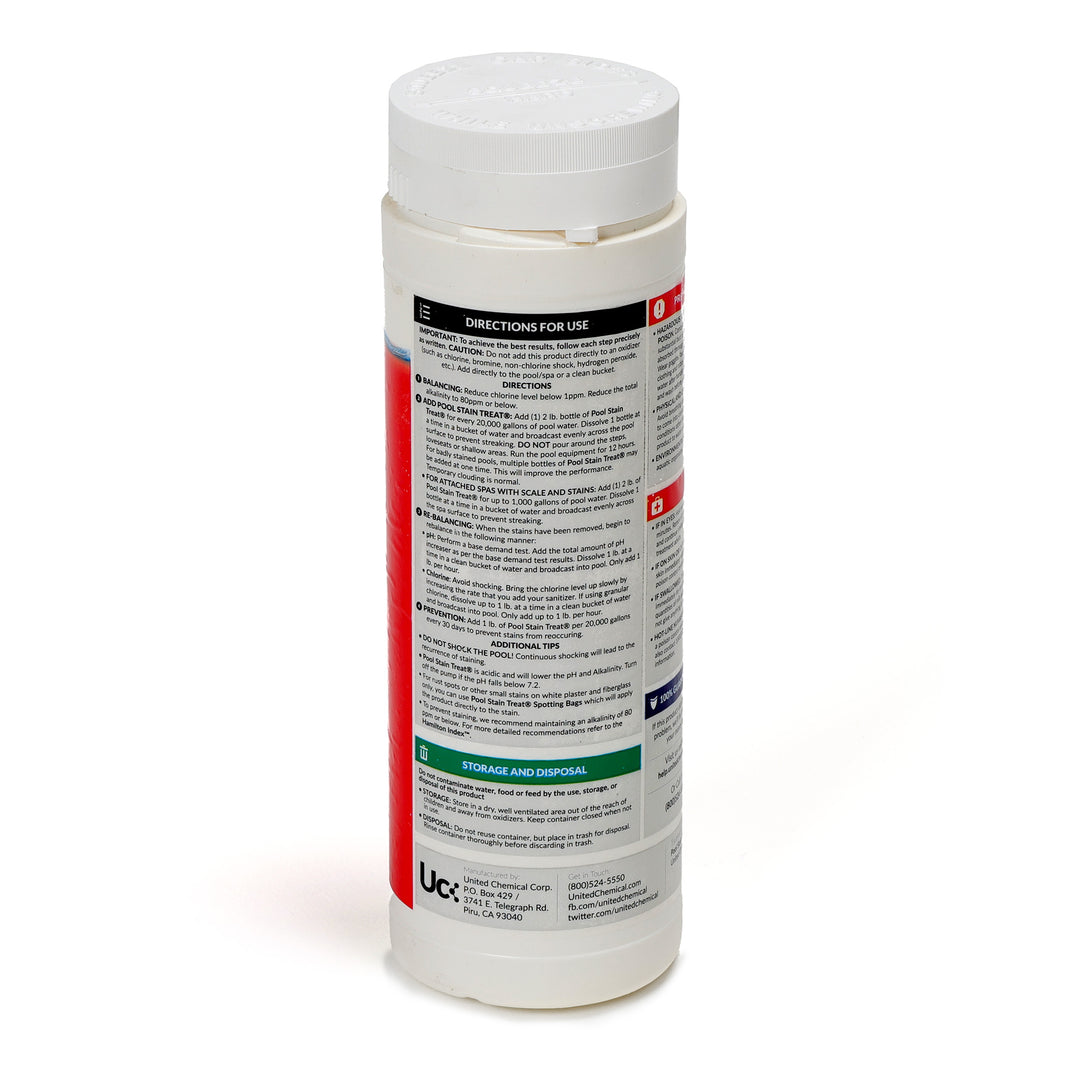 white cylindrical plastic bottle of United Chemical Stain Treat 2 lb with detailed usage and storage instructions on label