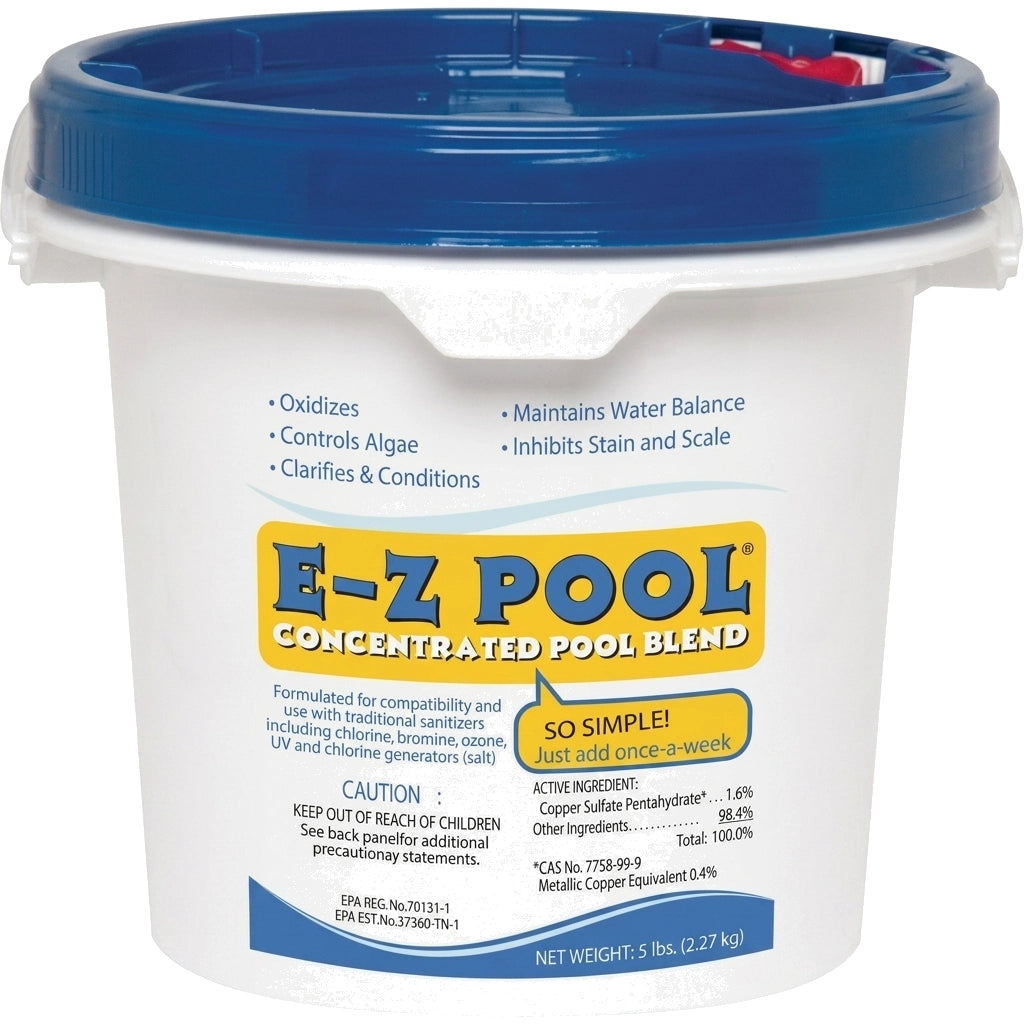 white plastic bucket with blue lid labeled E-Z Pool Concentrated Pool Blend listing uses and ingredients in blue and yellow text