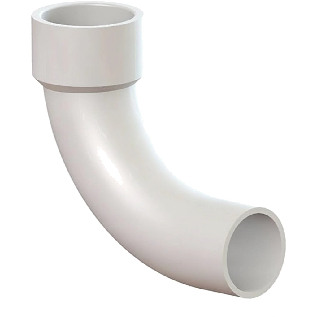 White PVC 90-degree sweep elbow fitting, Hayward ECOFLOW EFC3220SW, with slip socket ends on both openings.