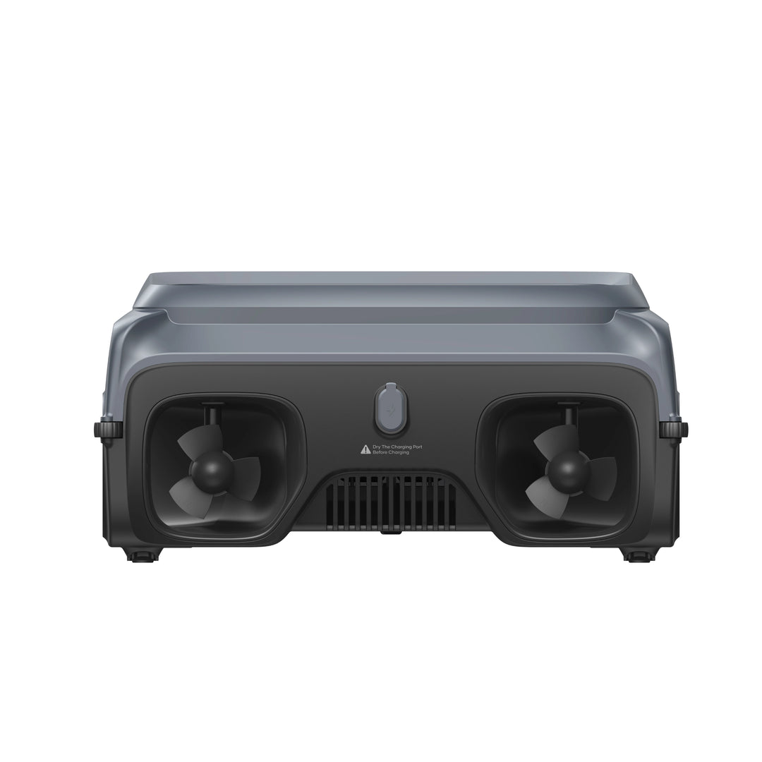 Front view of the Aiper EcoSurfer P1 pool skimmer, gray and black, with dual propellers and vented center panel.