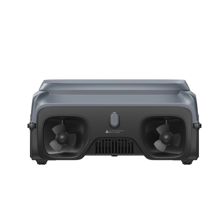 Front view of the Aiper EcoSurfer P1 pool skimmer, gray and black, with dual propellers and vented center panel.