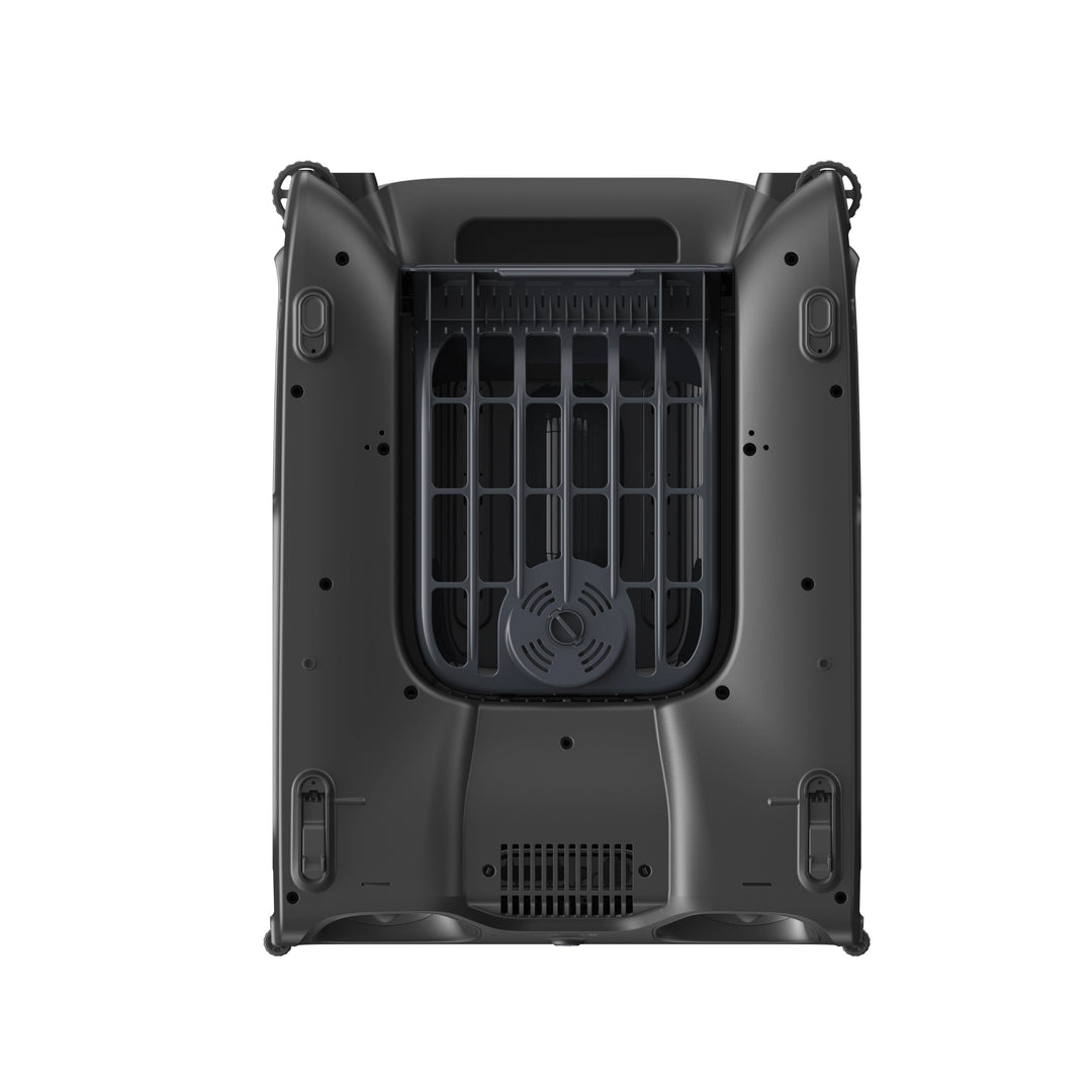Underside view of the Aiper EcoSurfer P1 skimmer showing the mesh filter grille and intake fan.