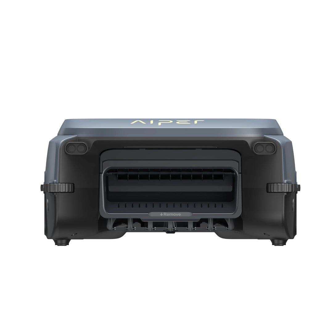 Rear view of the black Aiper EcoSurfer P1 pool skimmer, showing filter slot and "Remove" label.
