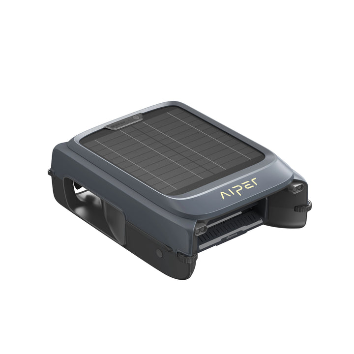 Aiper EcoSurfer P1 robotic pool skimmer in dark gray with top solar panel and yellow logo, viewed at an angle.