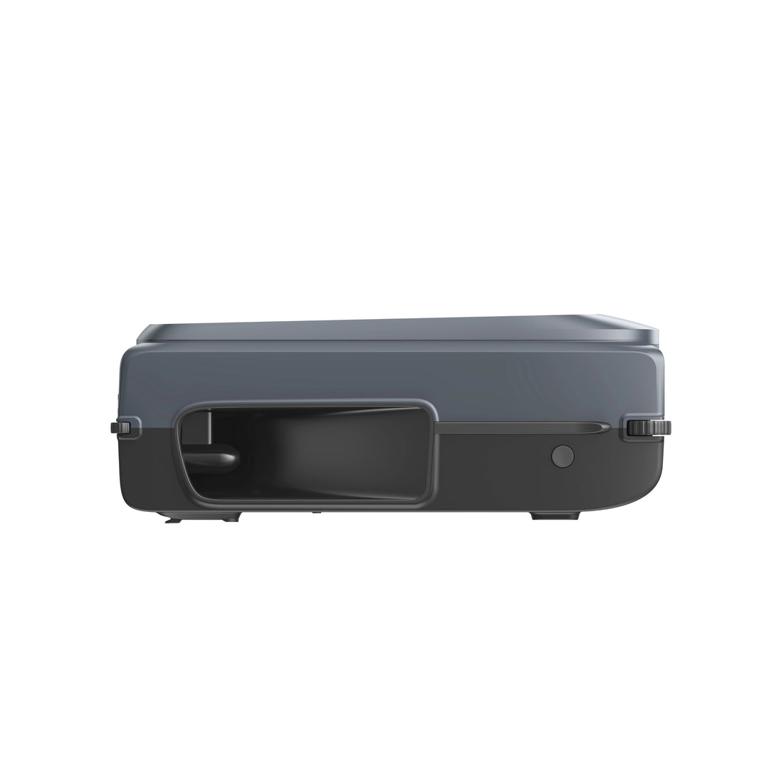 Side view of the Aiper EcoSurfer P1 robotic pool skimmer in dark gray, showing the open front debris intake.