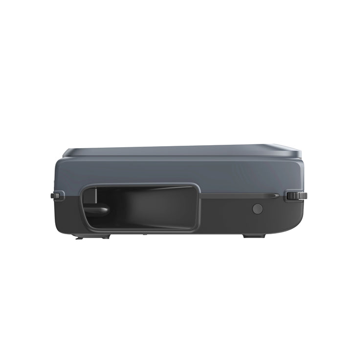 Side view of the Aiper EcoSurfer P1 robotic pool skimmer in dark gray, showing the open front debris intake.