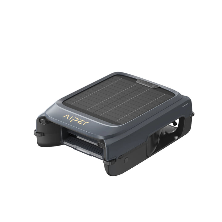 Aiper EcoSurfer P1 robotic pool skimmer, dark gray body with solar panel lid, angled side view