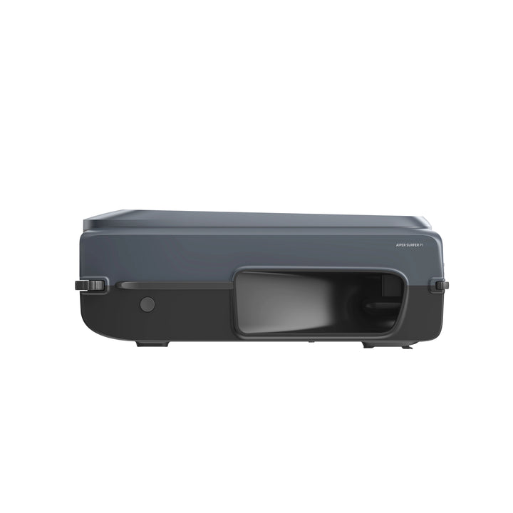 Side view of the Aiper EcoSurfer P1 robotic pool skimmer in dark gray and black with a wide front intake.