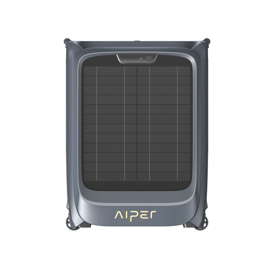 Aiper EcoSurfer P1 robotic pool skimmer, front view, dark gray body with solar panel and logo