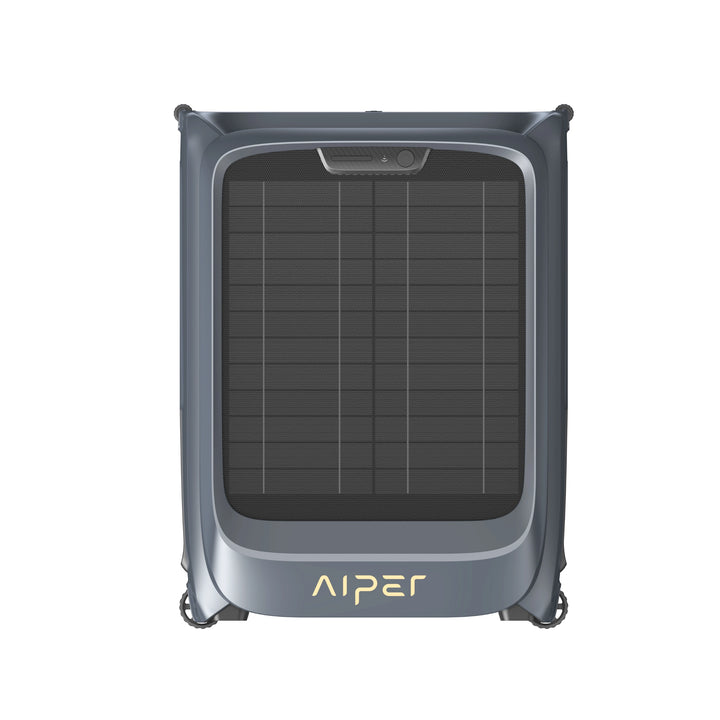 Aiper EcoSurfer P1 robotic pool skimmer, front view, dark gray body with solar panel and logo