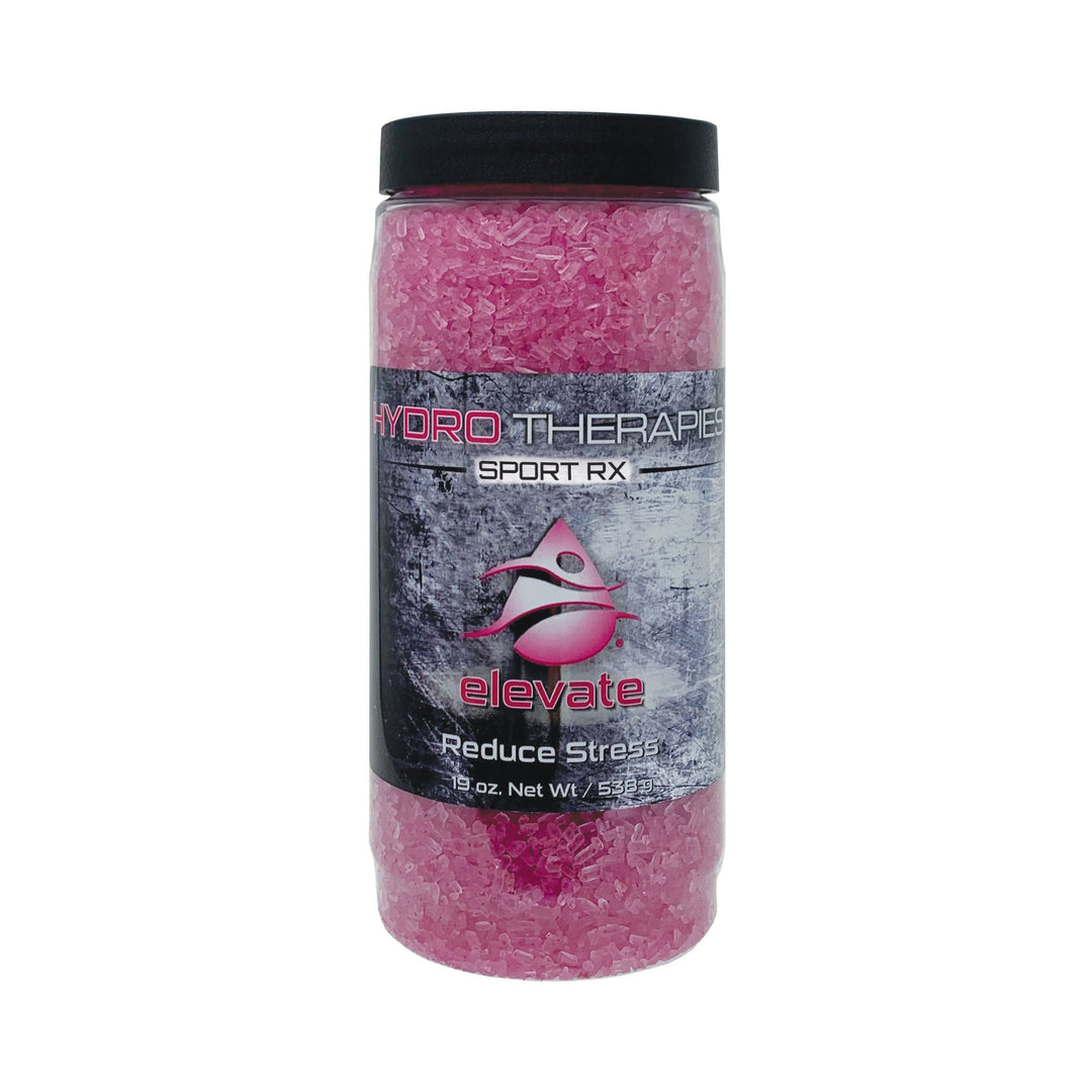 hydrotherapies sport rx crystals jar with pink bath salt crystals and black lid showing textured gray and pink label