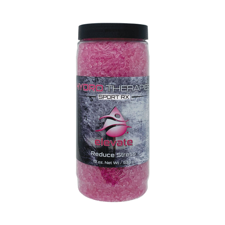 hydrotherapies sport rx crystals jar with pink bath salt crystals and black lid showing textured gray and pink label