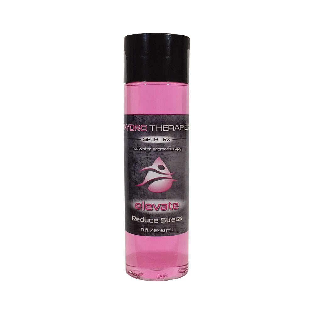 HydroTherapies 8oz Sport Rx Liquids by Insparation Inc showing clear cylindrical bottle with pink liquid and black cap with label highlighting reduce stress