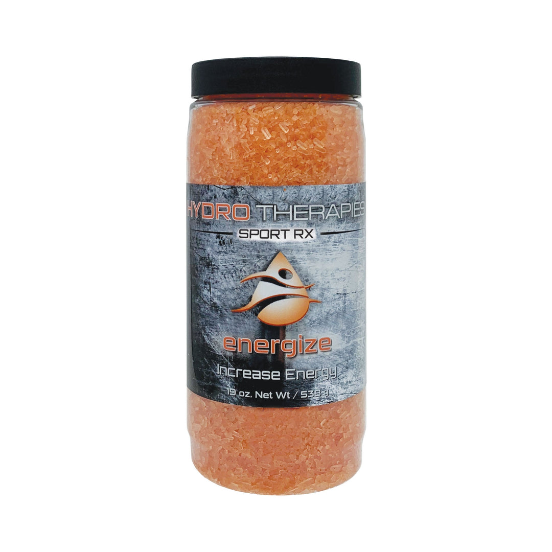 HydroTherapies Sport Rx Crystals jar containing orange bath crystals with black lid and silver label showing energize and increase energy text