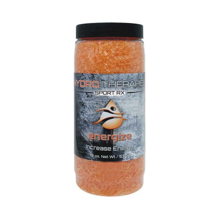 HydroTherapies Sport Rx Crystals jar containing orange bath crystals with black lid and silver label showing energize and increase energy text