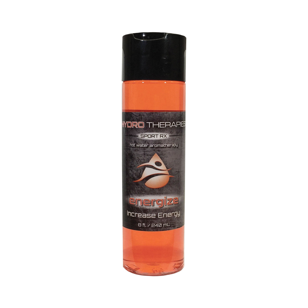 HydroTherapies 8oz Sport Rx Liquids bottle by Insparation Inc with black cap and orange liquid inside with energize label