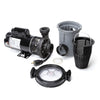 Waterway 2 HP Hi-Flo 2 dual-speed above ground pump disassembled showing black motor with twist-lock cord, grey housing, black strainer basket, and clear lid with black handles