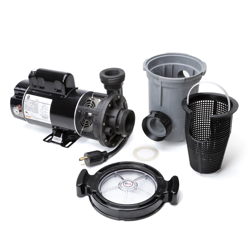 Waterway 2 HP Hi-Flo 2 dual-speed above ground pump disassembled showing black motor with twist-lock cord, grey housing, black strainer basket, and clear lid with black handles