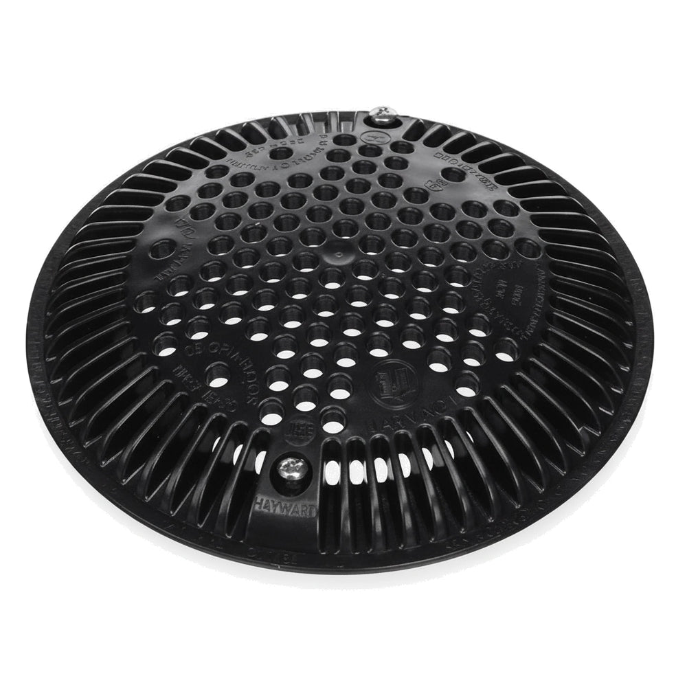 Round black plastic Hayward Frame Grate main drain cover, 7 7/8in diameter, with perforated holes and two screws.