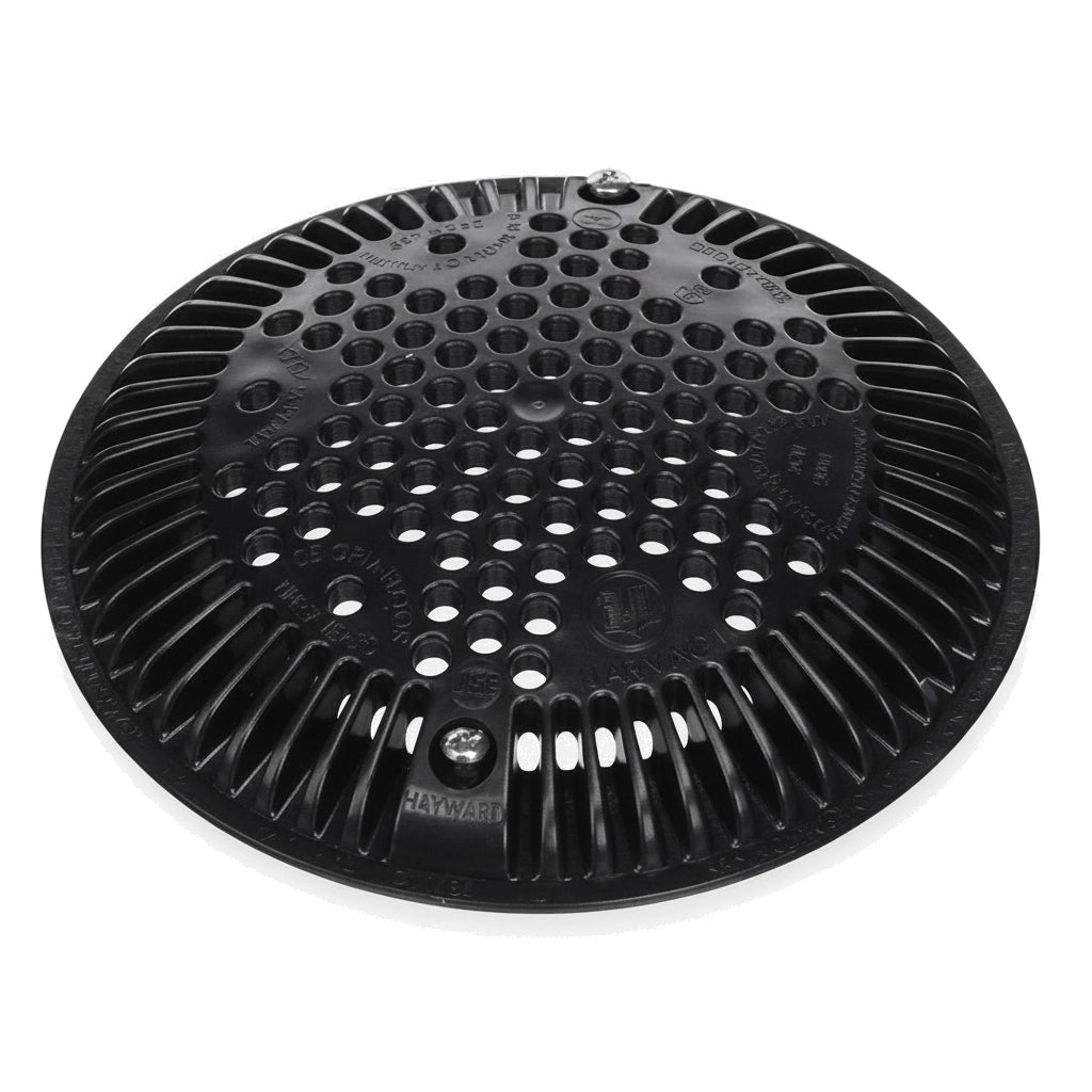 Round black plastic Hayward Frame Grate main drain cover, 7 7/8in diameter, with perforated holes and two screws.