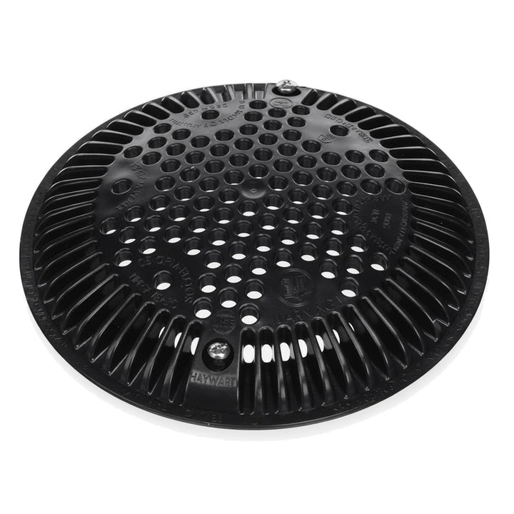 Round black plastic Hayward Frame Grate main drain cover, 7 7/8in diameter, with perforated holes and two screws.