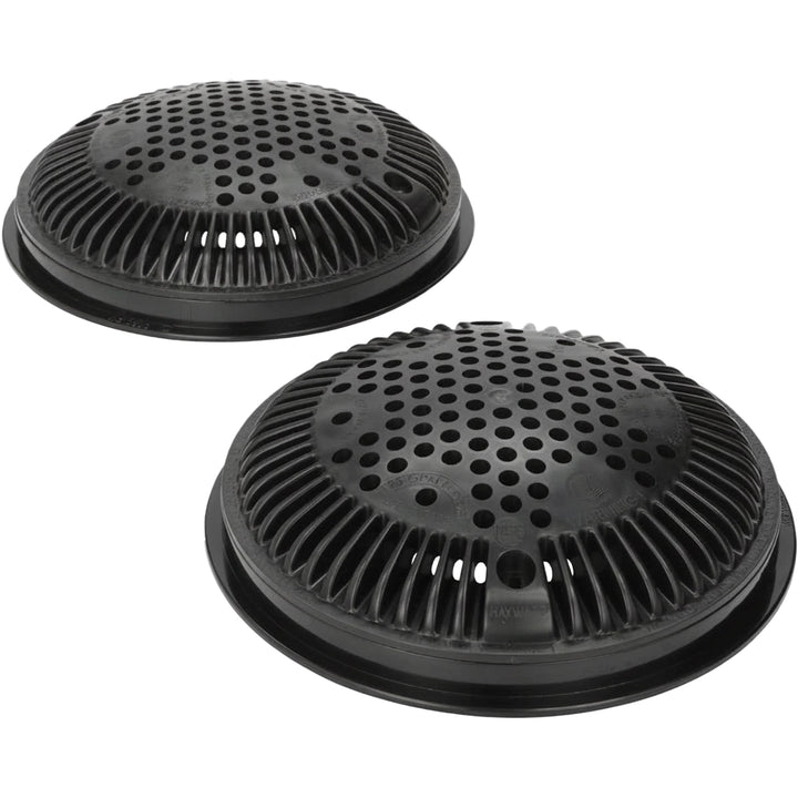 Two round black plastic Hayward Frame Grate 7 7/8in drain covers with perforated holes and molded ribbing.