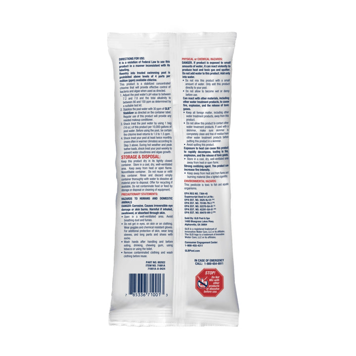 white pouch with detailed blue and red text instructions and warnings on back side of granular chlorine product