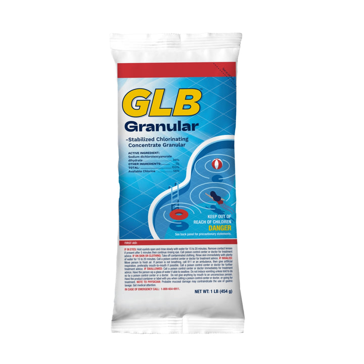 white pouch with blue and red label showing pool water illustration with swimmer and pool toys and product information text