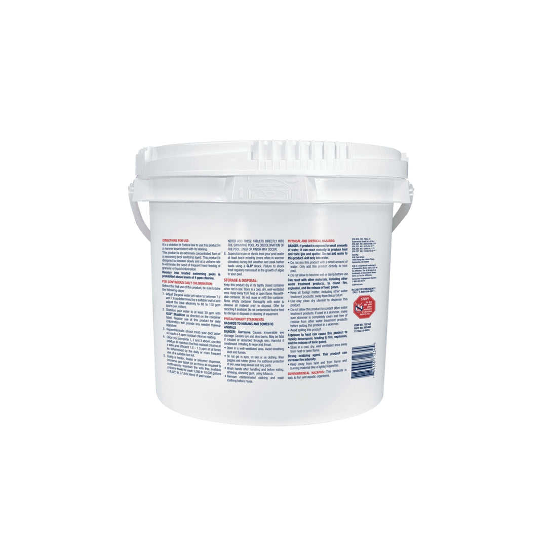 white plastic pail with a secure lid displaying detailed red and blue warning and usage text on the back surface