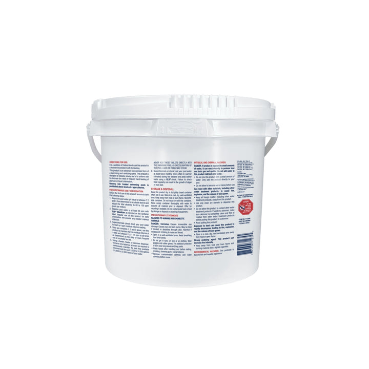 white plastic pail with a secure lid displaying detailed red and blue warning and usage text on the back surface