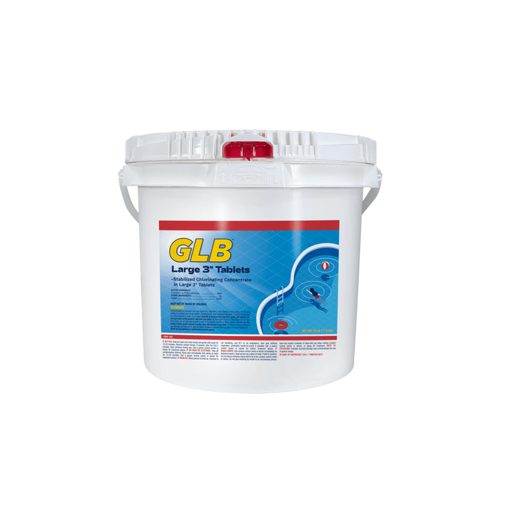 white 50 lb pail with red lid and handle containing GLB Large 3 inch chlorine tablets label includes pool illustration and usage details
