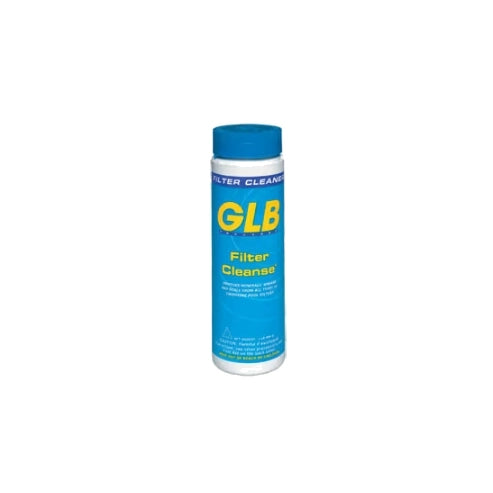 cylindrical blue and white plastic bottle with blue cap labeled GLB Filter Cleanse for pool filter maintenance