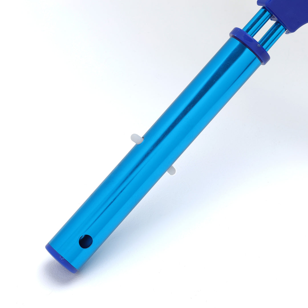 close-up of shiny blue aluminum handle section of Ocean Blue heavy duty leaf rake with adjustment mechanism and hole for attachments
