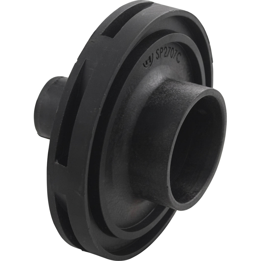 Black plastic pump impeller with vaned back, marked SP2707C, Hayward 1.0 HP Impeller SPX2707CM.