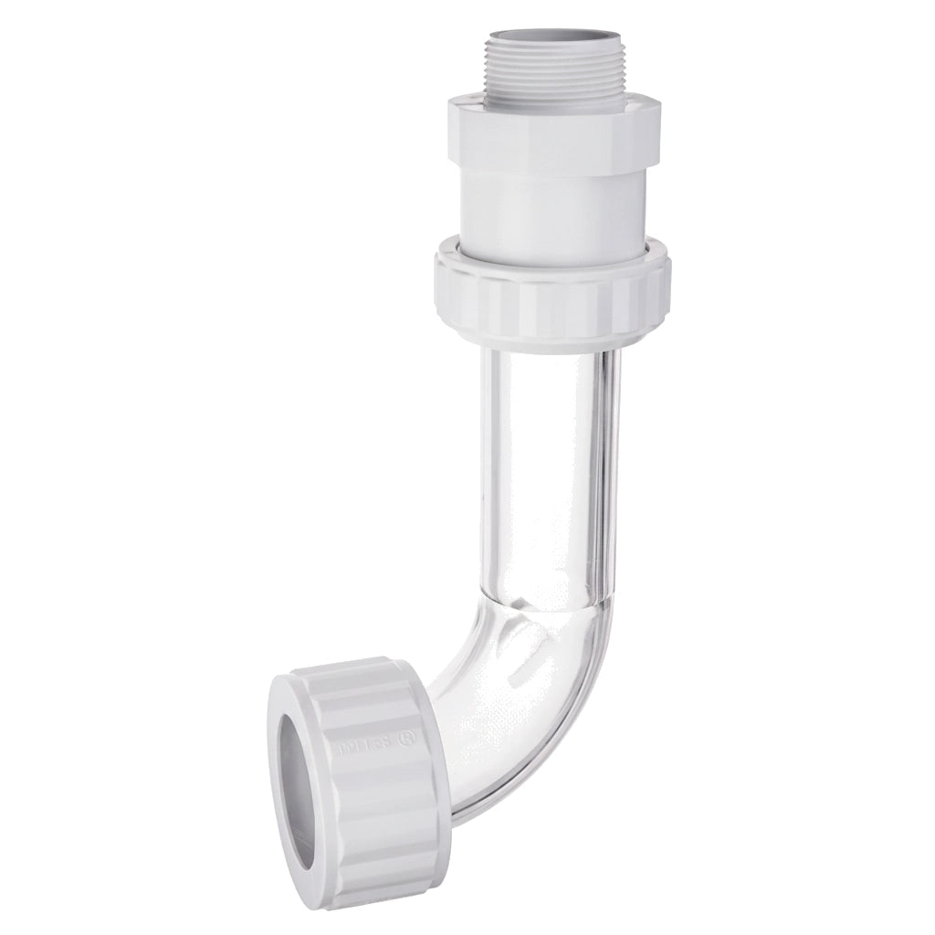 Hayward SP1486 clear 90-degree union elbow with white threaded male end and two union nuts.
