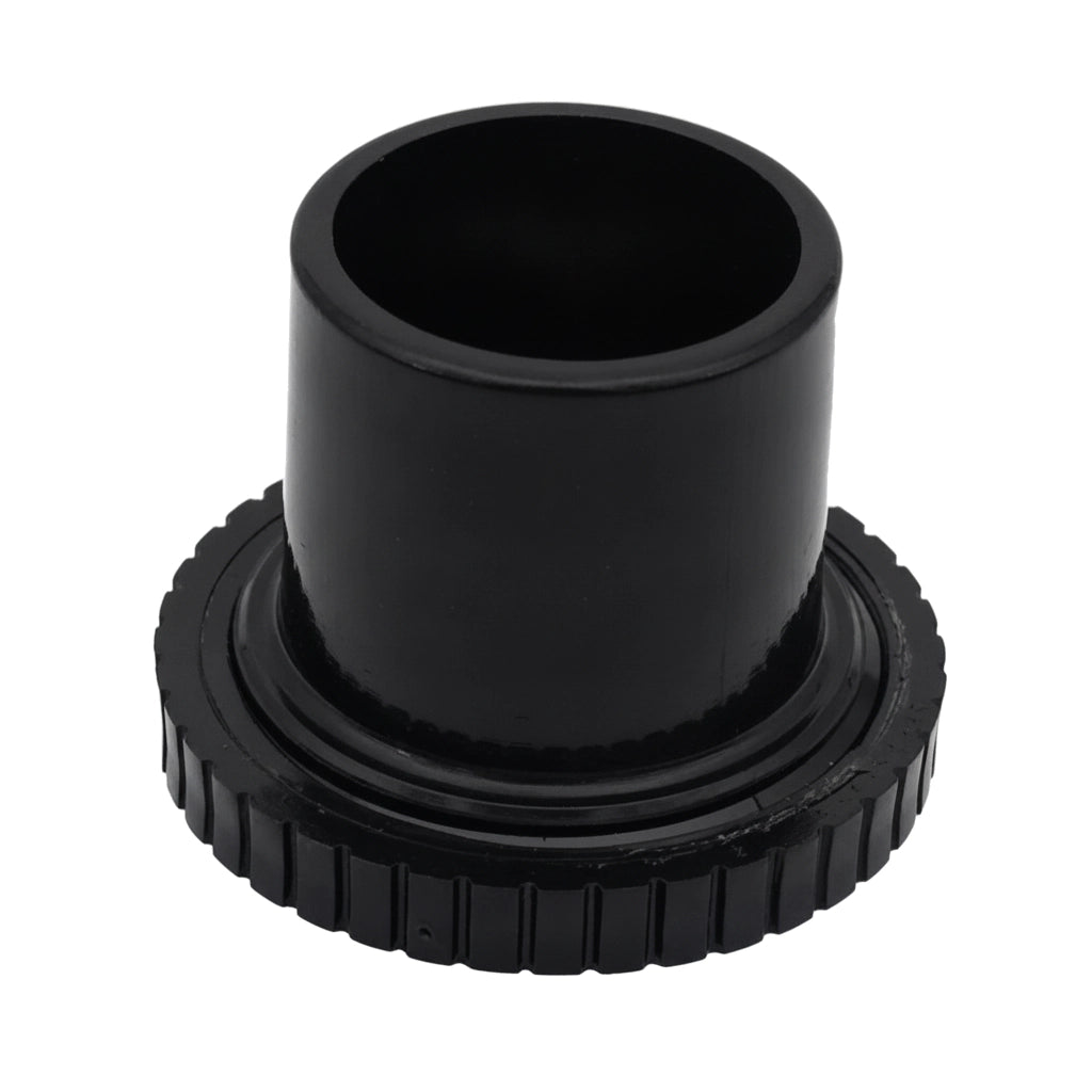 Black plastic Hayward Hydrostream fitting SP1421DBLK with round barrel and ridged locking ring, shown upright.