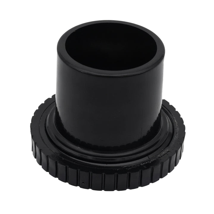 Black plastic Hayward Hydrostream fitting SP1421DBLK with round barrel and ridged locking ring, shown upright.