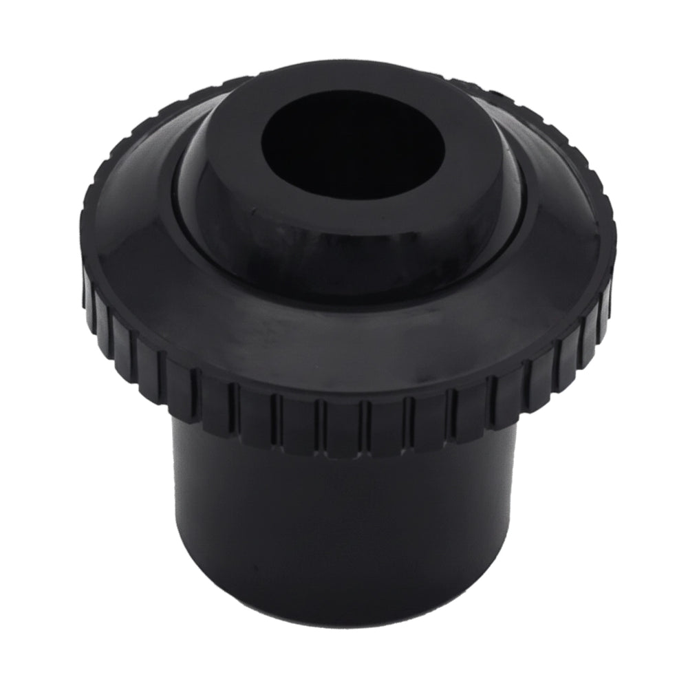 Black plastic Hayward Hydrostream fitting SP1421DBLK with ribbed edge and round center opening, 1 1/2" slip end.