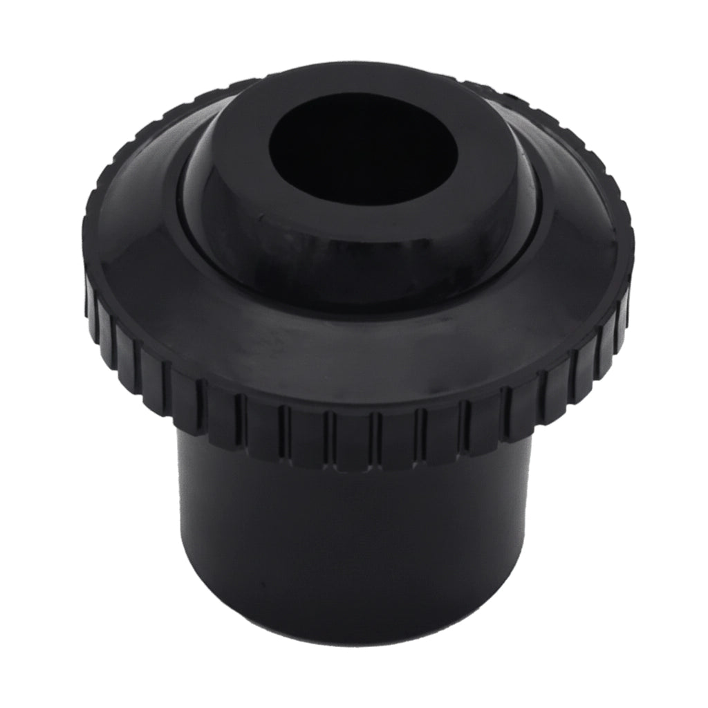 Black plastic Hayward Hydrostream fitting SP1421DBLK with ribbed edge and round center opening, 1 1/2" slip end.