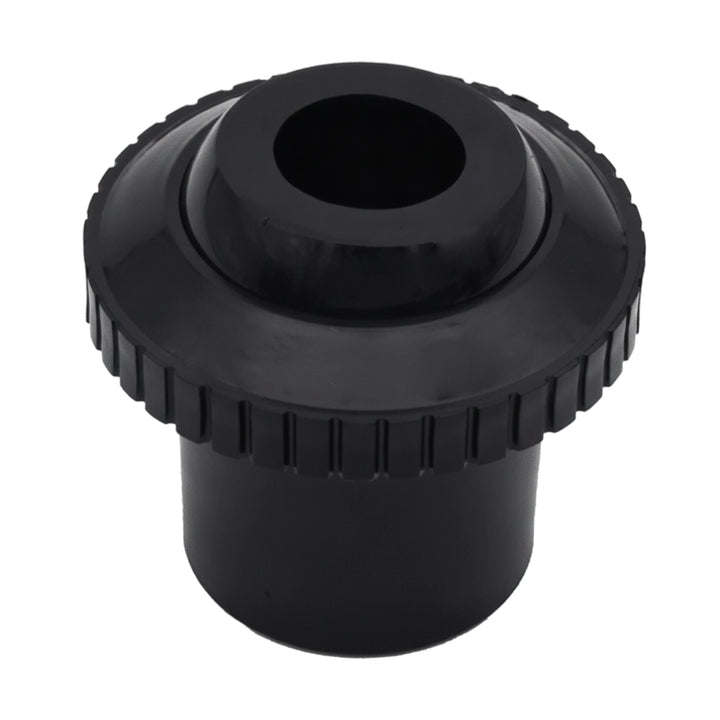 Black plastic Hayward Hydrostream fitting SP1421DBLK with ribbed edge and round center opening, 1 1/2" slip end.