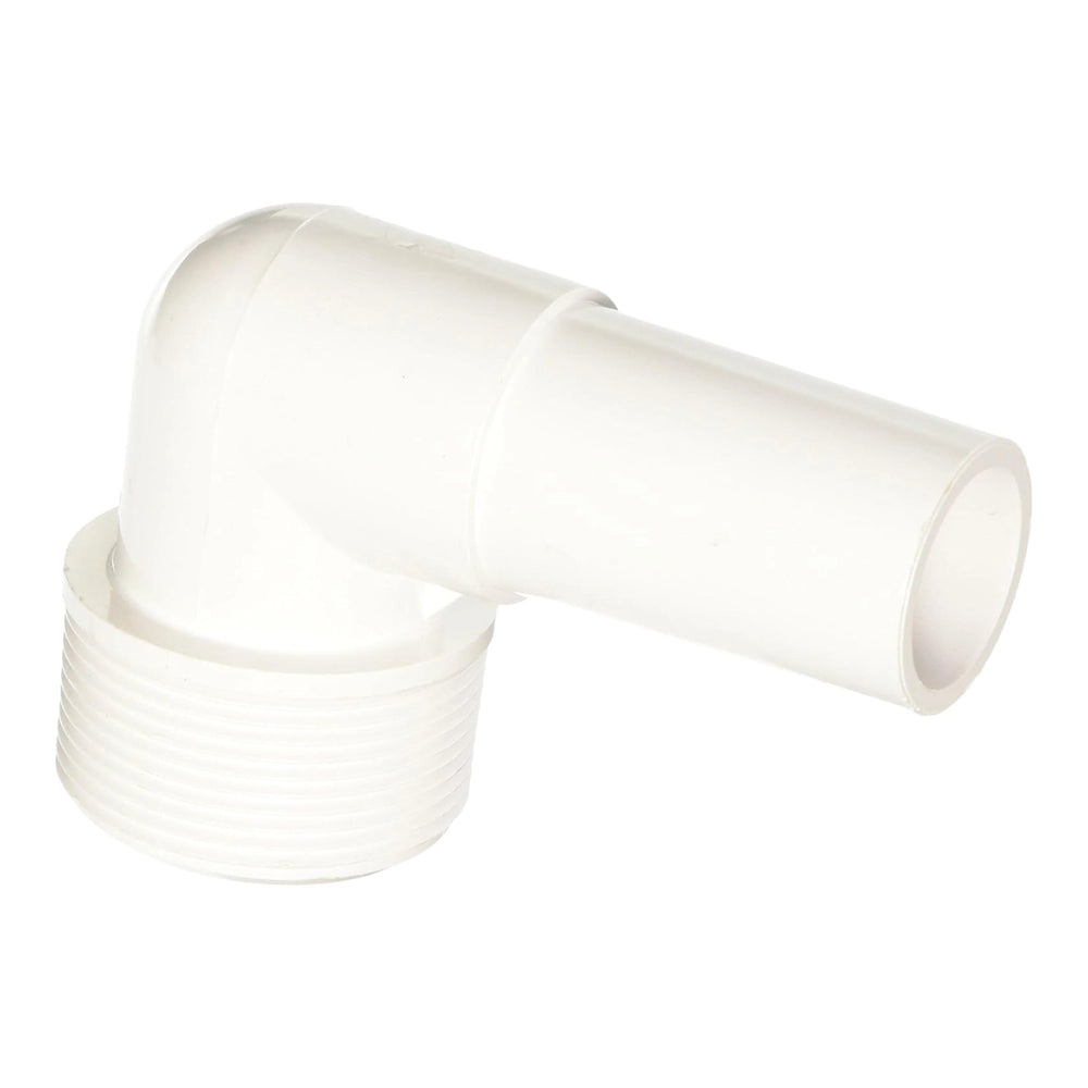 White PVC 90-degree elbow fitting with male threaded end, Hayward SPX1105Z2 smooth hose adapter.